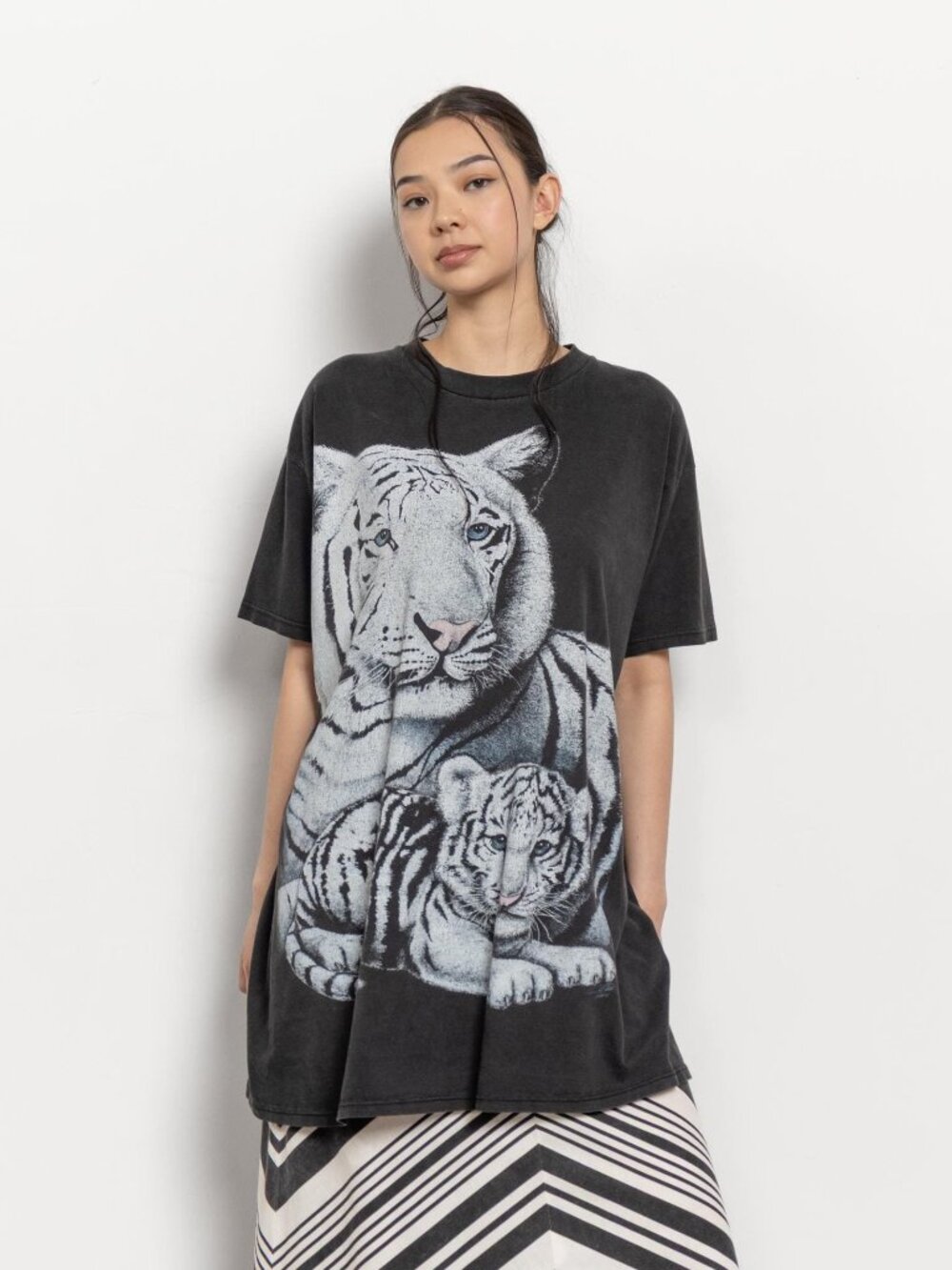 Vintage White Tee KATZ Long Baggy Faded / Large